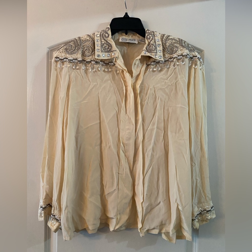 Cedars Vintage Cream Blouse with Beaded Collar / Szie L / VGUC